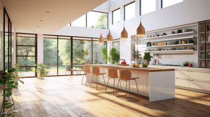 Kitchen interior in beautiful new luxury home in bright modern minimal style