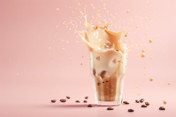 Iced latte coffee glass with splash on a pink background with elements of coffee beans - obrazy, fototapety, plakaty