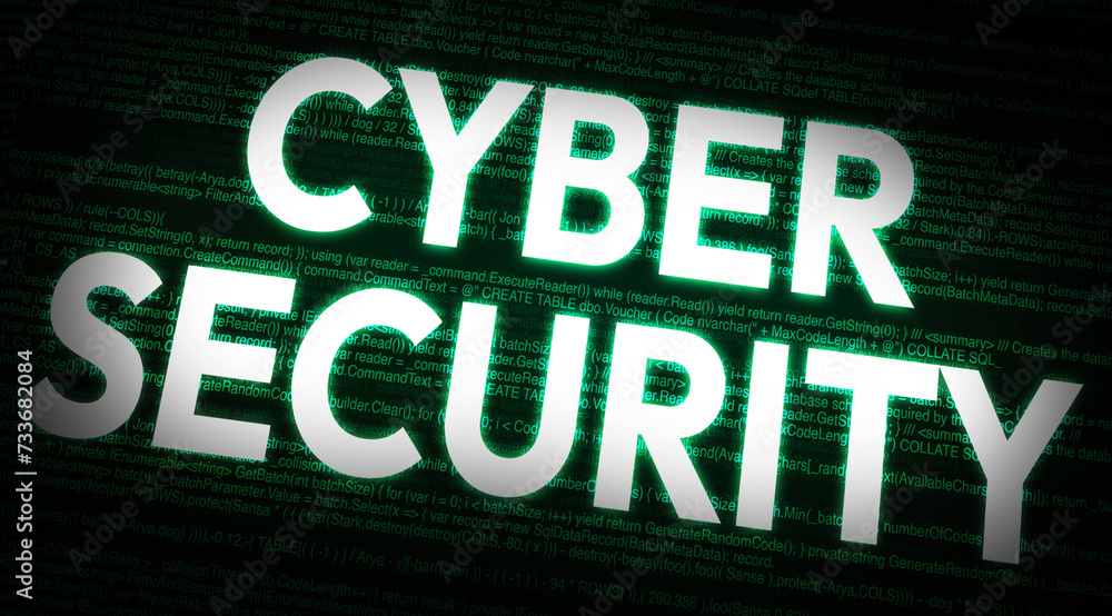 Poster cyber security concept background with green programming screen design and glowing typography.