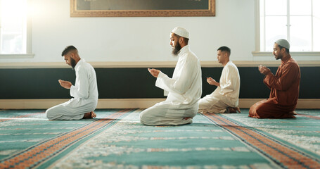 Islamic, praying and holy men in a Mosque for spiritual religion together as a group to worship...