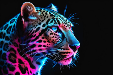 A profile portrait of a leopard with neon blue and pink lighting accents against a dark background, creating a striking and artistic representation of wildlife