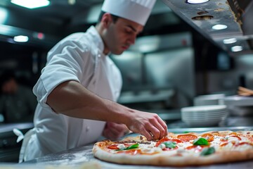 Chef Preparing Gourmet Pizza In Sleek And Contemporary Commercial Kitchen