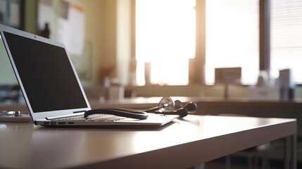 A doctor is using a laptop in a medical office