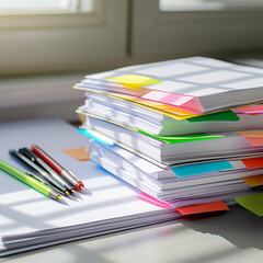 Organized Chaos: Stack of Paperwork with Colorful Sticky Notes and Pens - Office Work, Organization, and Study Concept
