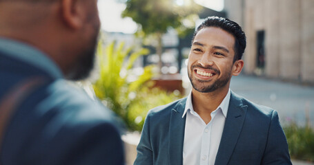 Business people, laughing and talking outdoor in city with morning commute, partnership and travel. Employees, workers and chat with conversation, collaboration and happy for networking in urban town