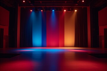 Colorful Lights Illuminate An Empty Stage, Setting Vibrant Atmosphere For Modern Dance