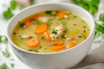 Close up view of a bowl with chicken soup on a white wooden background with space for text