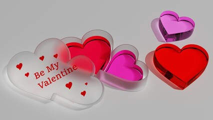 Dwa szklane czerwone różowe serca w transparentnym otwartym pudełku na szarym tle be my valentine bądź moją walentynką © Greg [RenderMania]