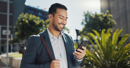 Business man, phone text and city with entrepreneur, smile and happy from morning commute and...