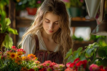 Young, Beautiful Florist on Her Deck: Embracing Nature's Beauty and Creativity Amidst Blooms and Greenery