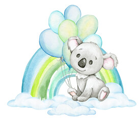 Cute koala, rainbow, balloons. Watercolor cartoon-style clipart on an isolated background.