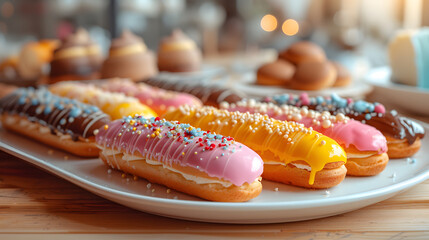 A plate of eclairs with various fruit toppings and a row of donuts with different frostings.
