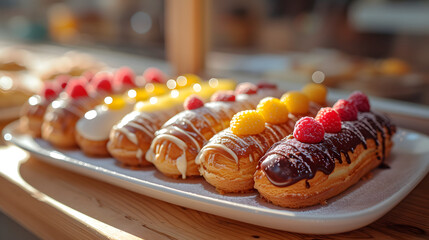A plate of eclairs with various fruit toppings and a row of donuts with different frostings. - obrazy, fototapety, plakaty
