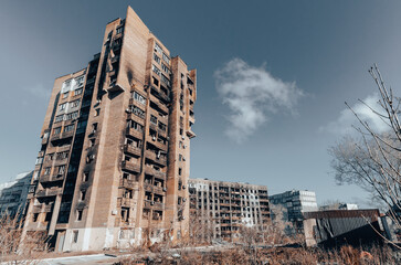 destroyed and burned houses in the city Russia Ukraine war