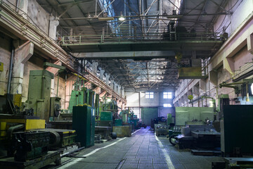 Industrial workshop interior with heavy machinery for metalworking. Equipment tools in factory for...