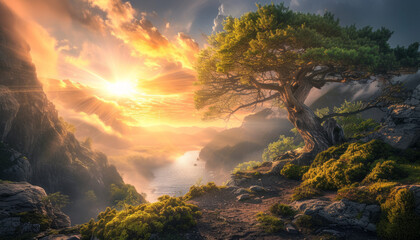 Fototapeta na wymiar Radiant Sunrise Over Mountainous Landscape with Majestic Tree