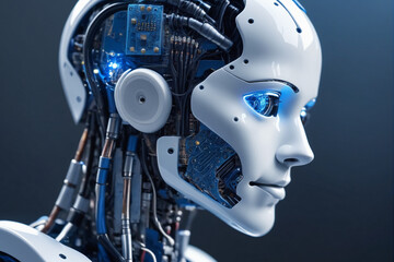 A profile view of a humanoid robot with a visible intricate blue circuitry inside the head, reflecting advanced artificial intelligence technology - AI
