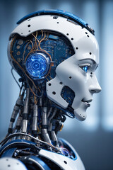 Fototapeta premium A profile view of a humanoid robot with a visible intricate blue circuitry inside the head, reflecting advanced artificial intelligence technology - AI