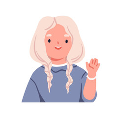 Happy girl greeting with hand gesture. Cute kawaii little kid smiling, saying hi, bye, waving hello. Cheerful joyful preschool child portrait. Flat vector illustration isolated on white background