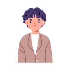 Kid with hearing aid device. Happy boy portrait, ear mould receiver for listening. Smiling deaf child with medical sound audio sensory gadget. Flat vector illustration isolated on white background