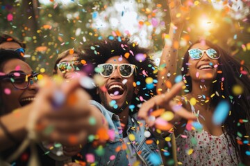 Diverse Hipster Friends Gleefully Throw Confetti At Lively Summer Outdoor Party