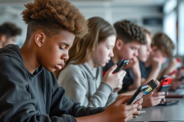 Diverse Students Engrossed On Smartphones, Displaying Addictive Social Media Use At School