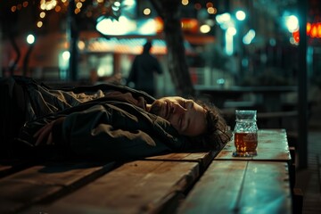 Drunkard Sleeping Outdoors On Wooden Bench, Showcasing The Harsh Reality Of Alcoholism - obrazy, fototapety, plakaty