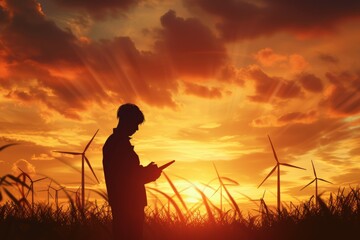 Engineer Analyzes Tablet Amidst Wind Turbines Amidst Breathtaking Sunset Setting