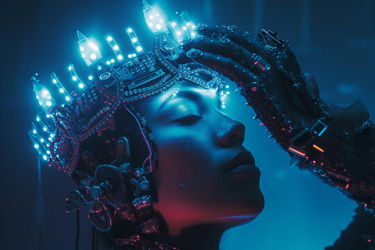 futuristic fashion shot depicting a cybernetic queen receiving a crown embedded with glowing LED lights, symbolizing the fusion of technology and tradition in a dystopian society,