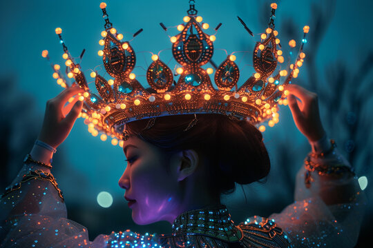 futuristic fashion shot depicting a cybernetic queen receiving a crown embedded with glowing LED lights, symbolizing the fusion of technology and tradition in a dystopian society,