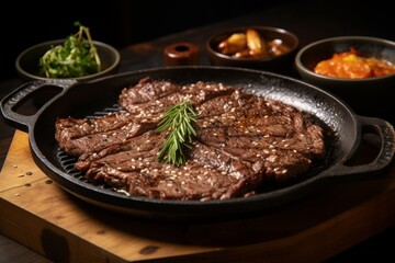 Savory bulgogi. delicious marinated grilled beef from south korea - an appetizing korean dish - obrazy, fototapety, plakaty