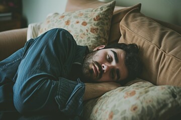 Hangover Misery Man Lying On Couch With Pillow, Looking Distressed