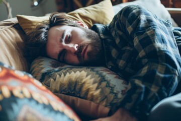 Agonizing Hangover: Man In Discomfort On Couch With Pillow