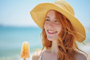 Joyful Woman Embracing Summer Vibes With A Straw Hat And Popsicle By The Seaside