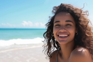 Joyful And Radiant Young Woman Delighting In A Sun-Kissed Day By The Sea