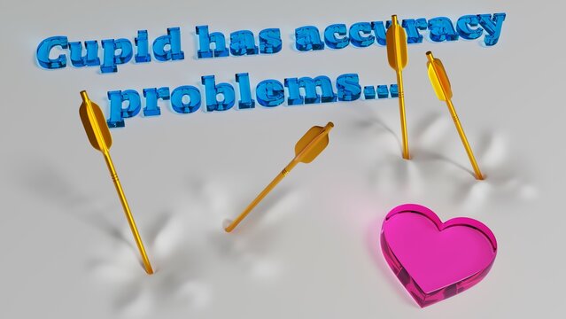 R&oacute;żowe szklane serce cztery nietrafione strzały amora kupidyna na szarym tle Cupid has accuracy problems kupidyn ma problemy z celnością