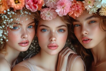 Obraz premium Three Beautiful Girls Adorned with Flowers in Their Hair