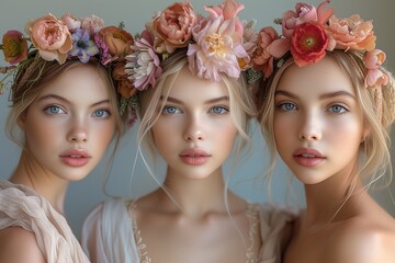 Obraz premium Three Beautiful Girls Adorned with Flowers in Their Hair