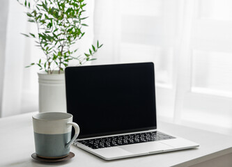 Desktop with laptop, coffee cup and vase in front of a window with morning light.
