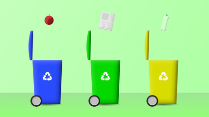 Des poubelles de tri bleu, verte et jaune pour représenter le tri selectif
