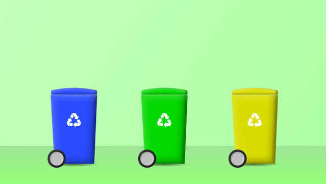Des poubelles de tri bleu, verte et jaune pour repr&eacute;senter le tri selectif