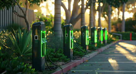 Eco-friendly charging stations in a row, illuminated green in the evening light