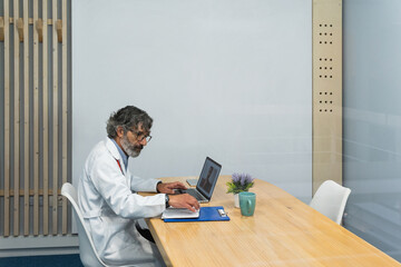 Senior male doctor videoconferencing man patient. Telemedicine video call in virtual conference...