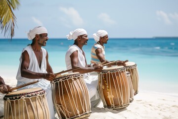 Maldivian Bodu Beru Drummers Playing Traditional Drums At Beach