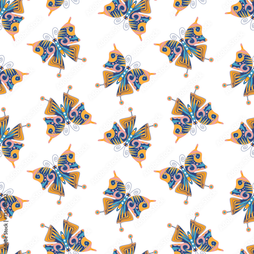 Wall mural Seamless pattern, colorful butterflies on a white background. Insect background, textile, print, vector - Wall murals
