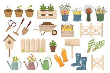 Garden set, garden wheelbarrow, shovel, rake, boots, gloves, watering cans, birdhouse, wooden signs, plants and fences. Icons, spring illustration, vector