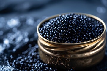 Elegant Metal Tin Packed With Exquisite Black Caviar, Radiating A Chic And Refined Aura