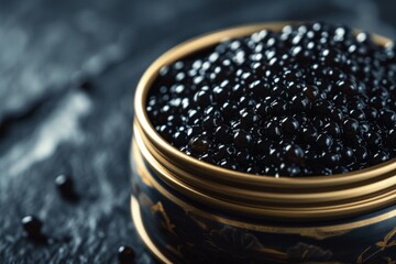 Metal Tin Filled With Luxurious Black Caviar, Exuding Cool And Sophisticated Vibe
