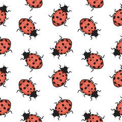 Seamless pattern, ladybugs on a white background. Insect background, textile, print, vector