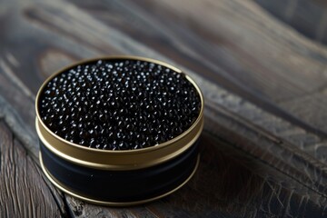 Elegant Metal Tin Brimming With Opulent Black Caviar, Exuding An Aura Of Style And Refinement